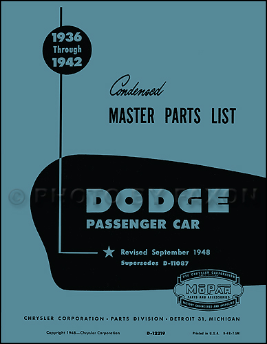1936-1942 Dodge Car Reprint Parts Book