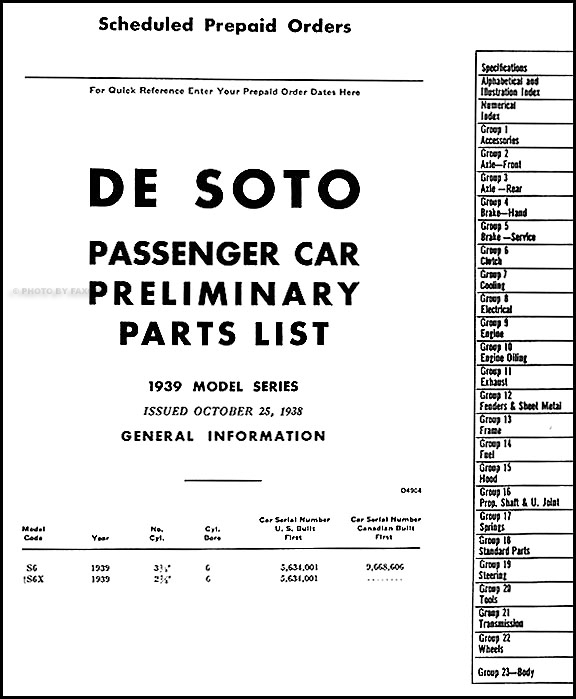 1939 DeSoto Preliminary Parts Book Original