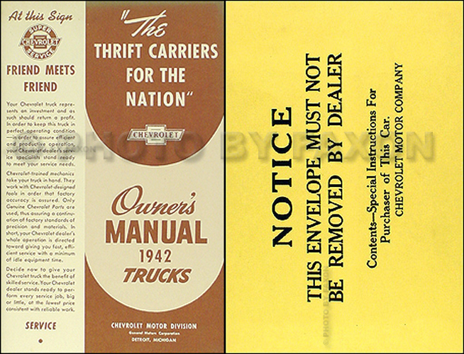 1942 Chevrolet Pickup Truck Reprint Owner's Manual Package
