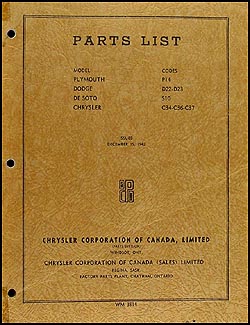 1942 Master Parts Book Orig. CANADIAN Chrysler De Soto Dodge Plymouth