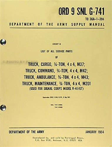 1950-1969 Dodge Military M37 M42 M43 M201 Parts Book ORD 9 SNL G-741