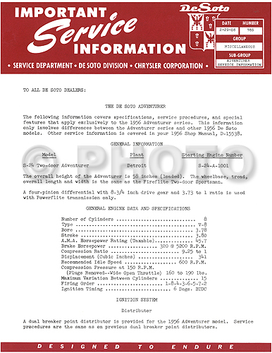 1956 De Soto Adventurer Shop Manual Reprint Supplement 