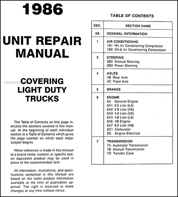 1986 Chevy Truck Engine Transmission Overhaul Manual