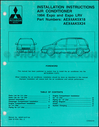 1994 Mitsubishi Expo & Expo LRV A/C Installation Instruction Manual Original