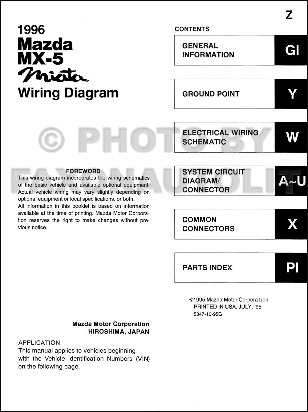 1996 Mazda MX-5 Miata Wiring Diagram Manual Original