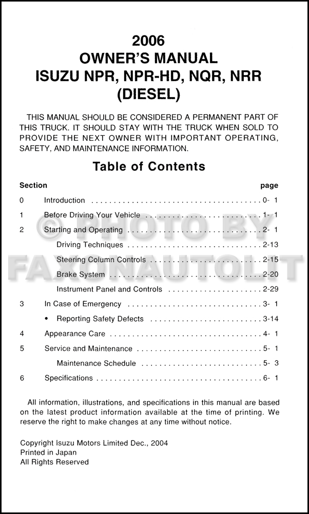 2006 Isuzu NPR Diesel NQR NRR Truck Owner's Manual Original