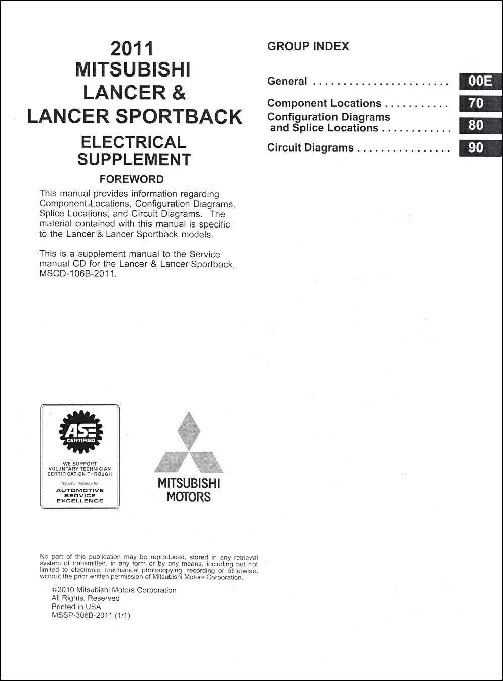 2011 Mitsubishi Lancer & Lancer Sportback Wiring Diagram Manual Original