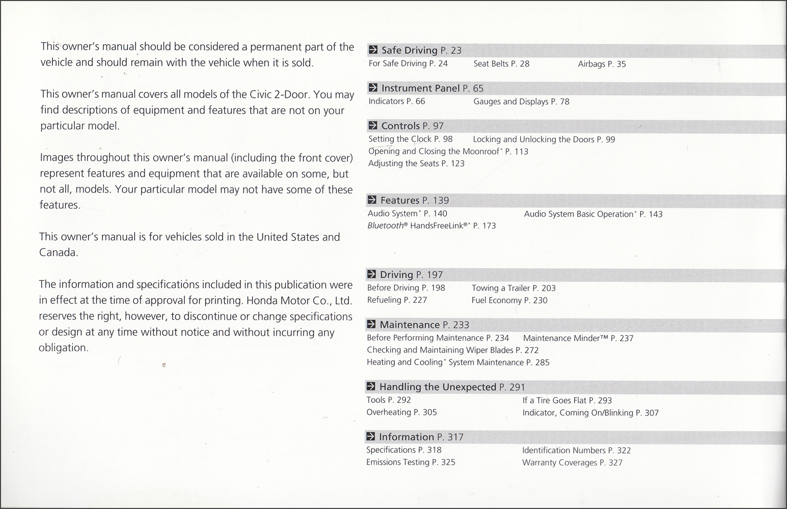 2012 Honda Civic Coupe Owner's Manual Original 2 Door