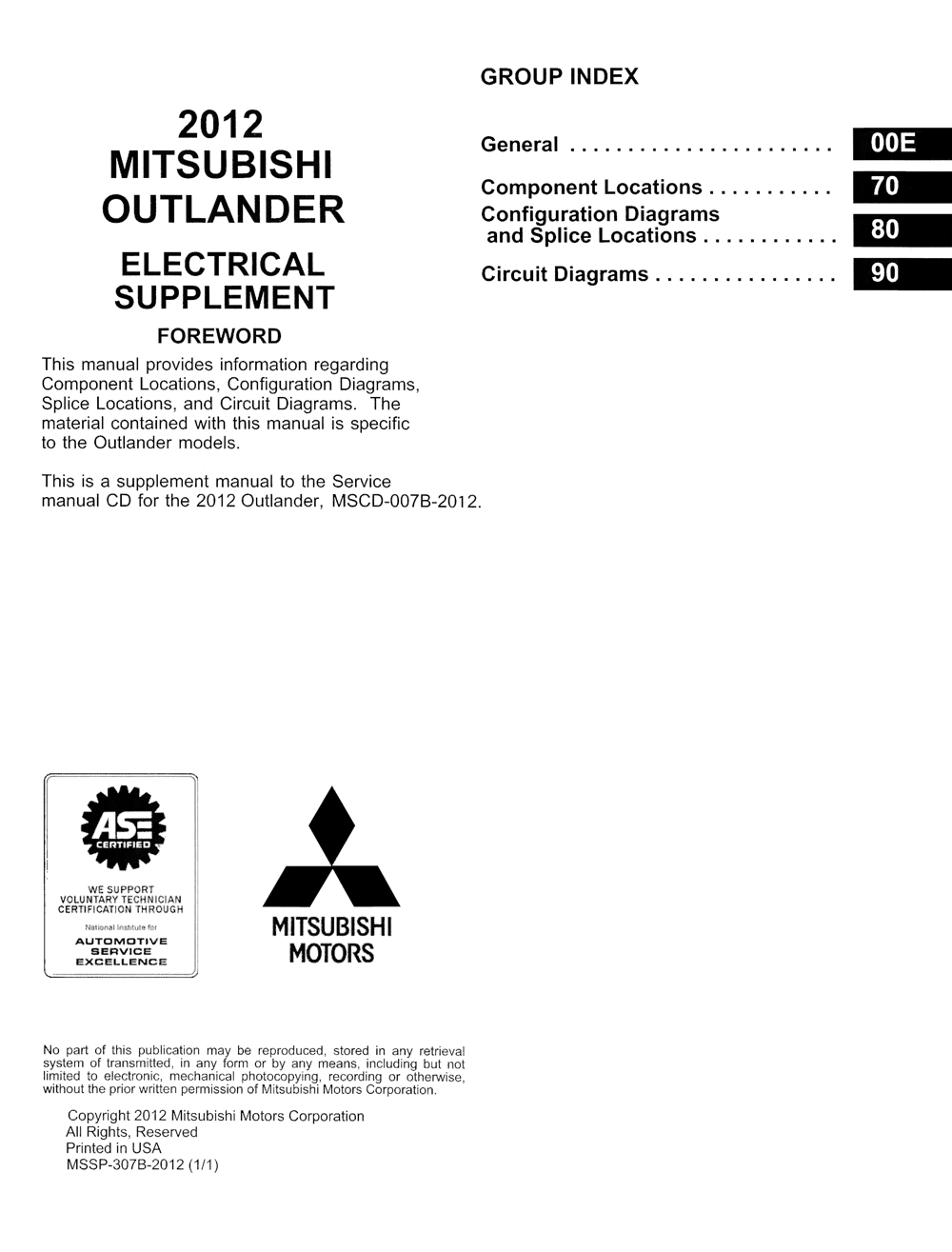 2012 Mitsubishi Outlander Wiring Diagram Manual Original