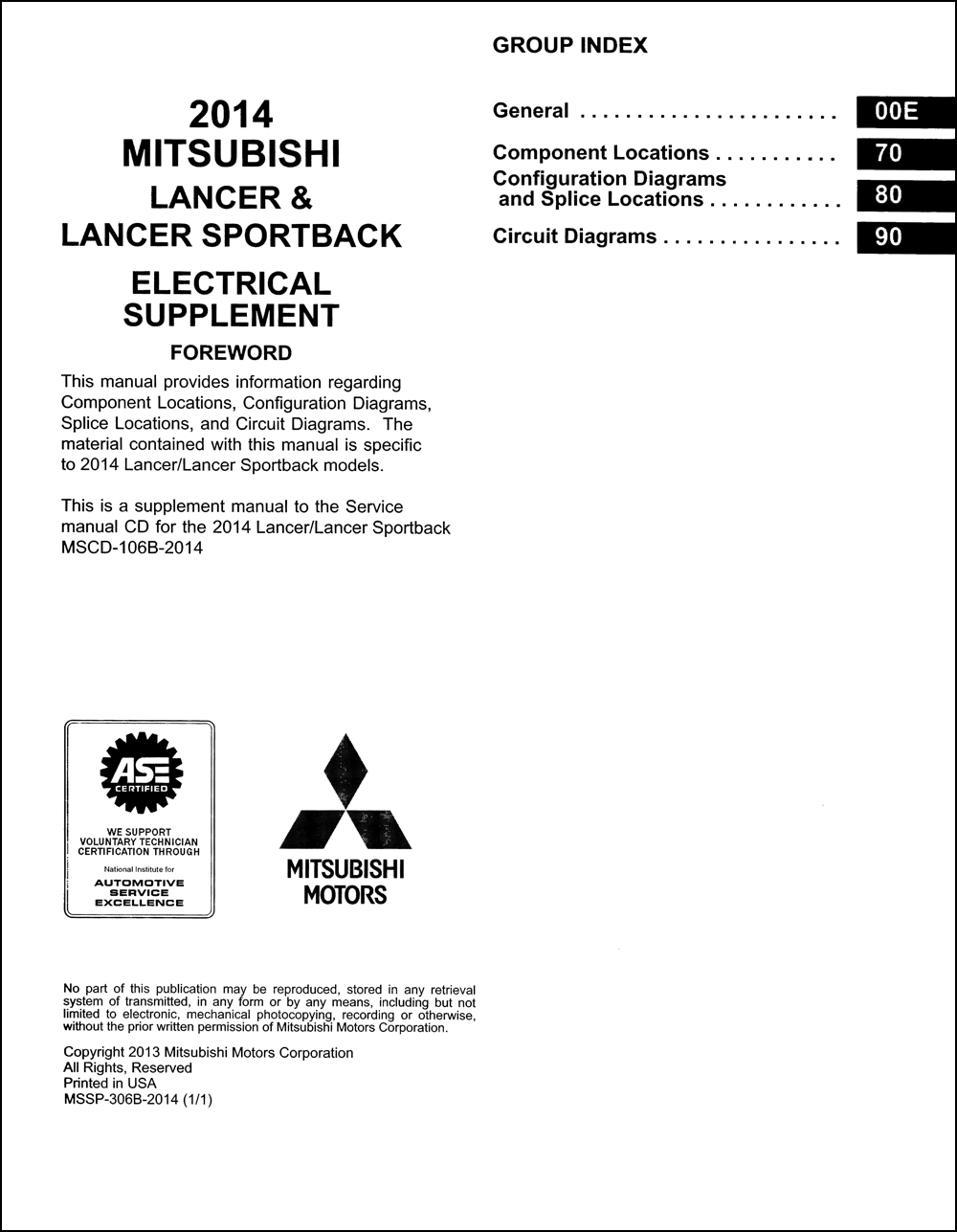 2014 Mitsubishi Lancer & Lancer Sportback Wiring Diagram Manual Original