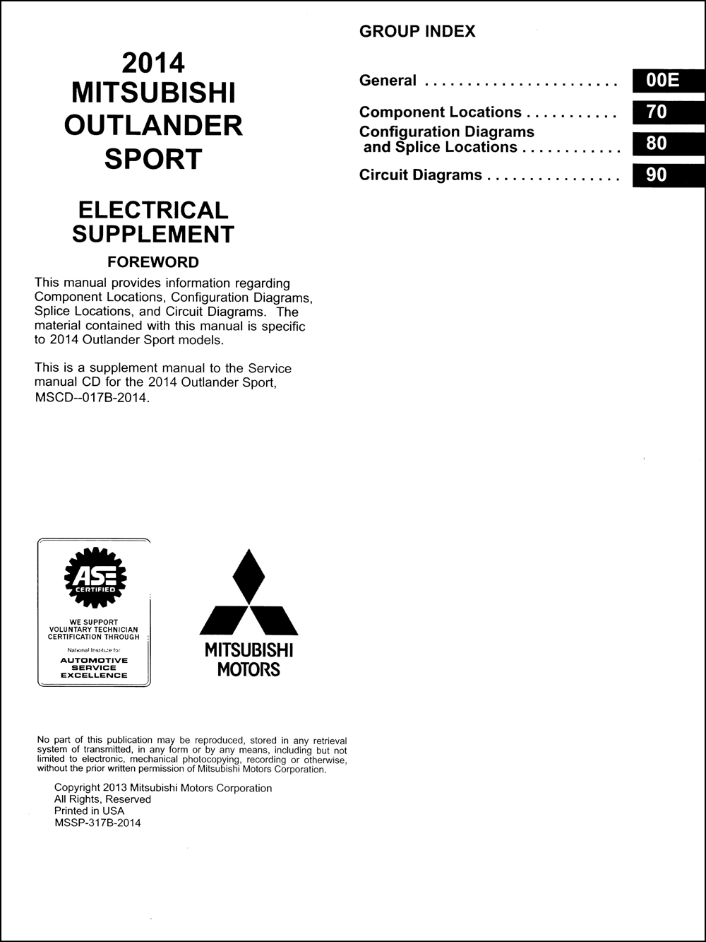 2014 Mitsubishi Outlander Sport Wiring Diagram Manual Original