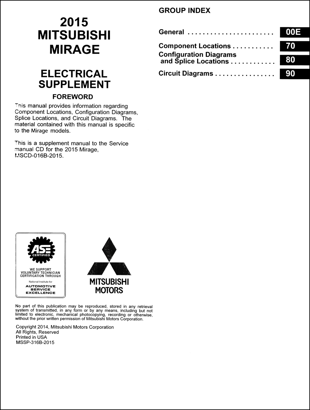 2015 Mitsubishi Mirage Wiring Diagram Manual Original