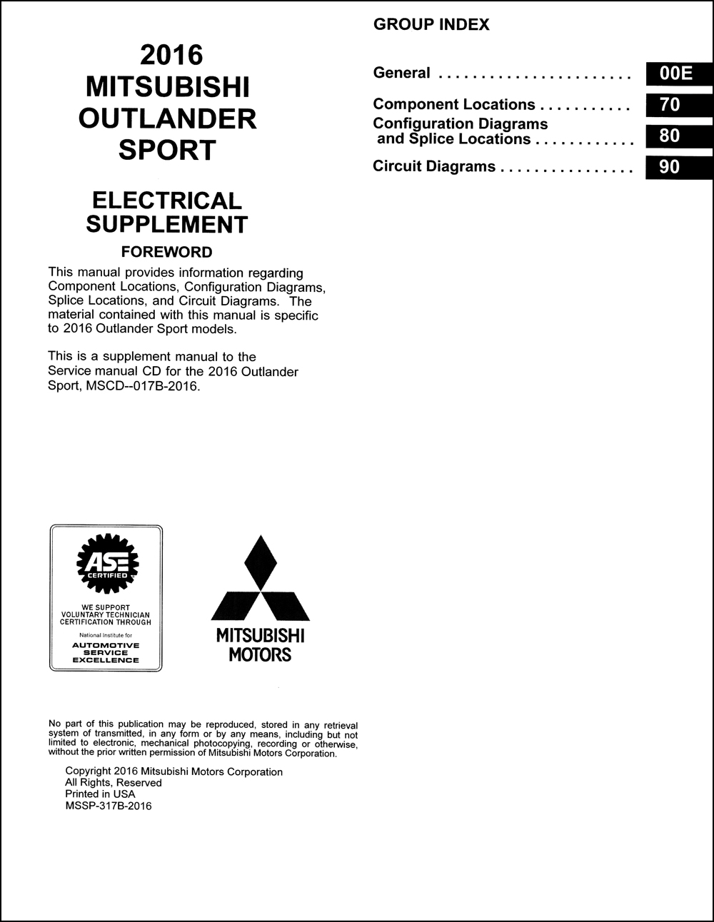2016 Mitsubishi Outlander Sport Wiring Diagram Manual Original
