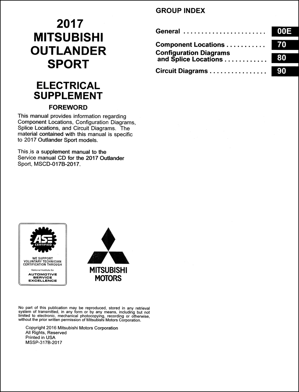2017 Mitsubishi Outlander Sport Wiring Diagram Manual Original