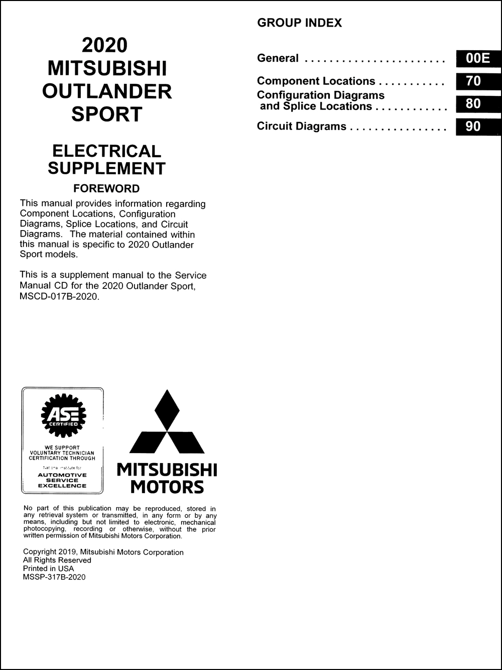 2020 Mitsubishi Outlander Sport Wiring Diagram Manual Original