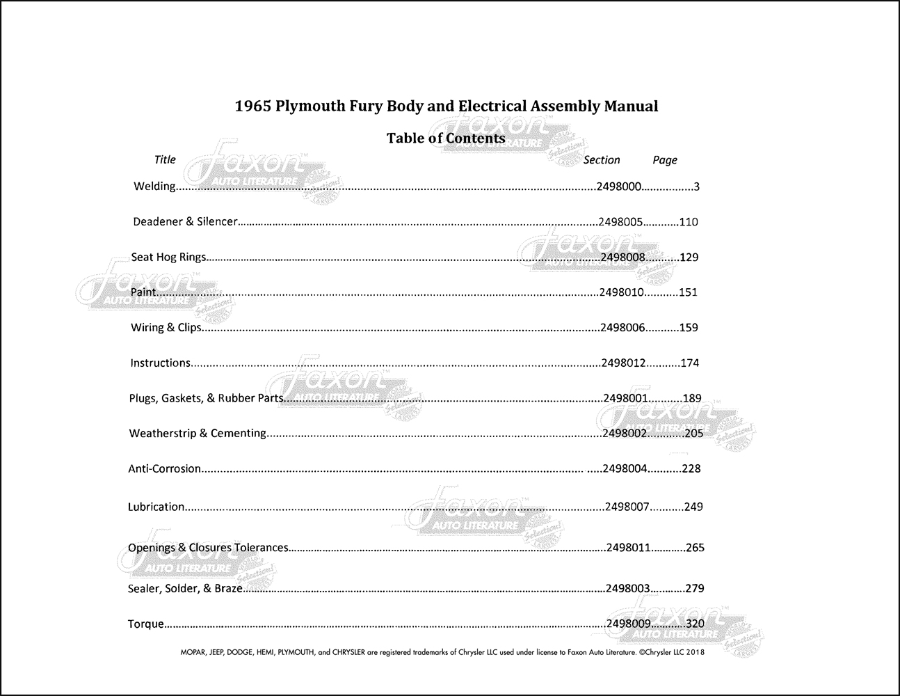 1965 Plymouth Fury Body & Electrical Assembly Manual Reprint