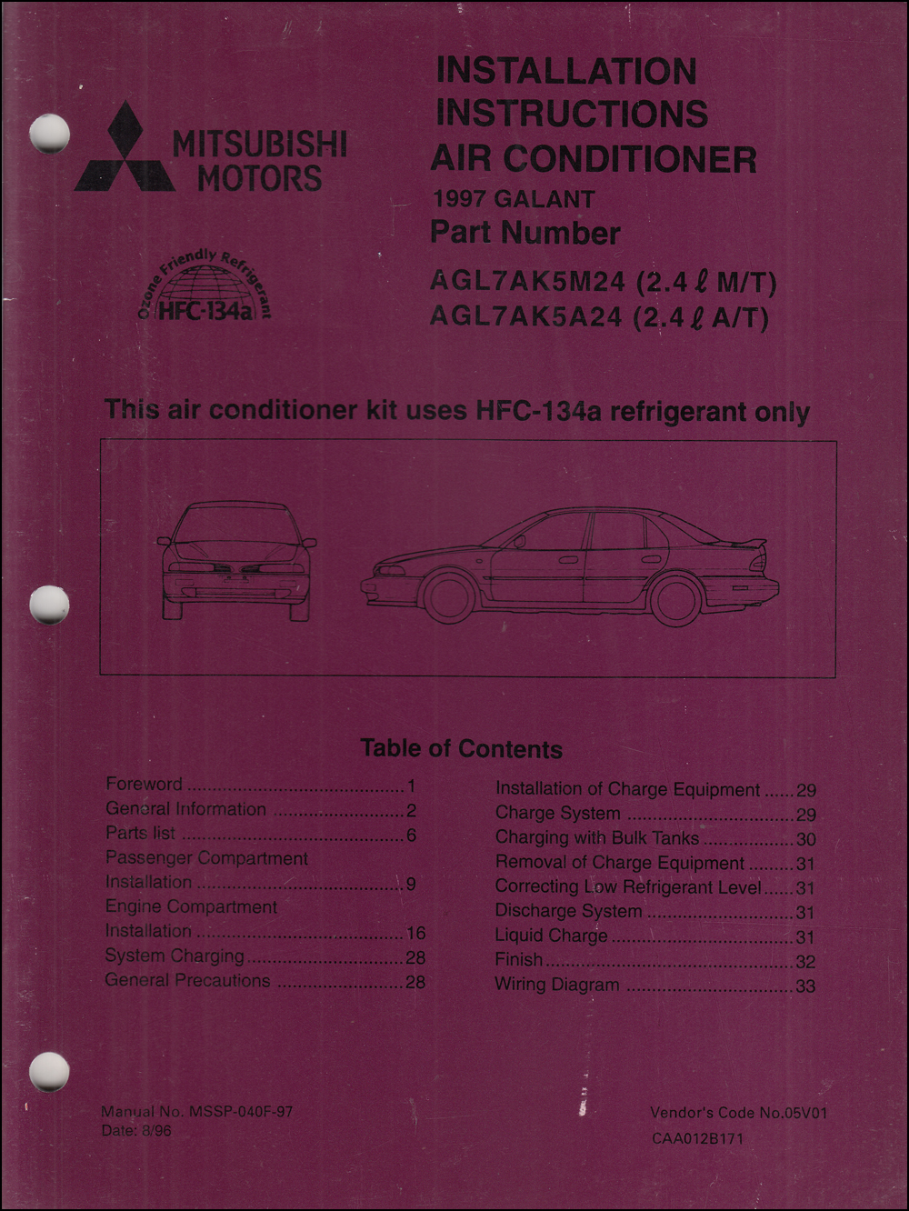 1997 Mitsubishi Galant Air Conditioner Installation Instruction Manual