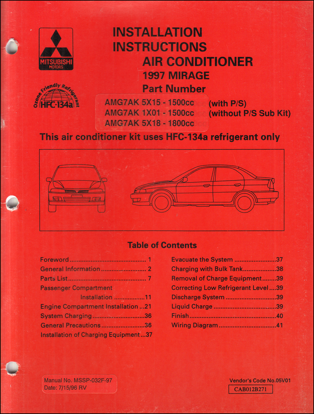 1997 Mitsubishi Mirage Air Conditioner Installation Instruction Manual