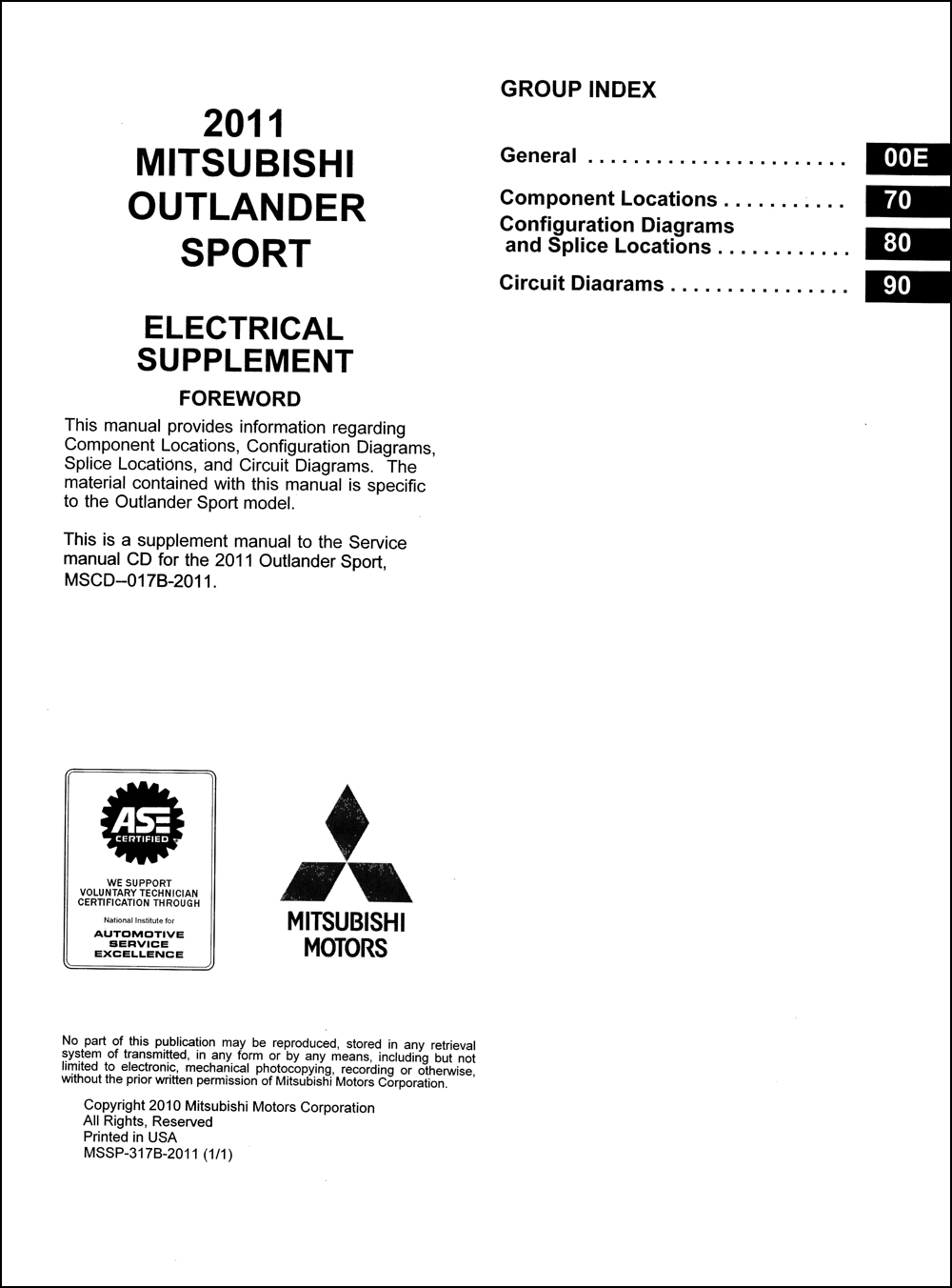 2011 Mitsubishi Outlander Sport Wiring Diagram Manual Original