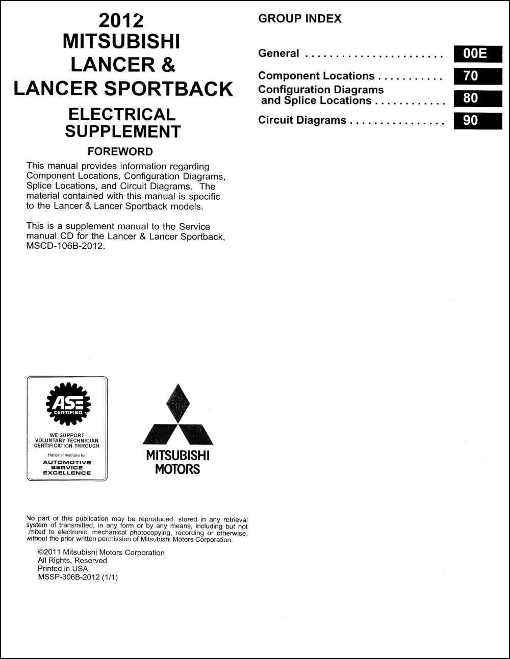 2012 Mitsubishi Lancer & Lancer Sportback Wiring Diagram Manual Original