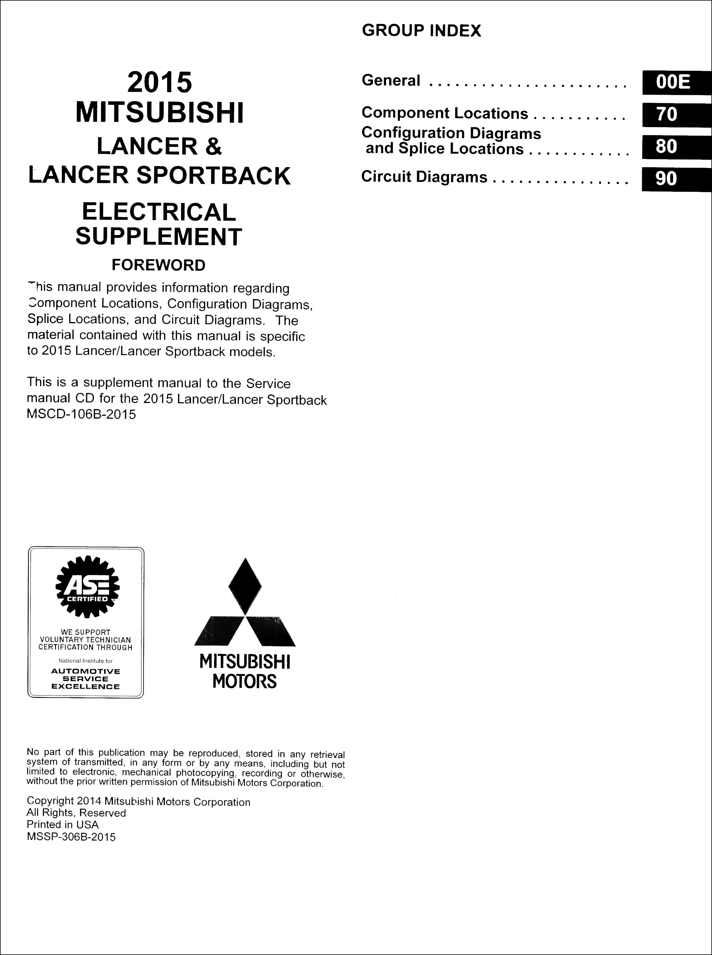 2015 Mitsubishi Lancer & Lancer Sportback Wiring Diagram Manual Original
