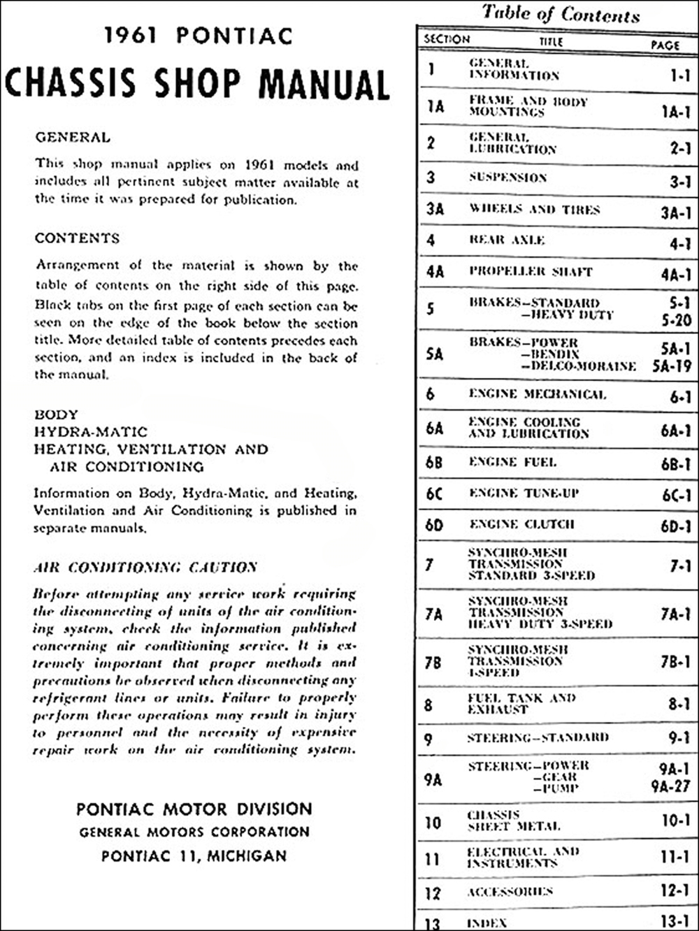 1961 Pontiac Repair Shop Manual Original - Bonneville, Catalina