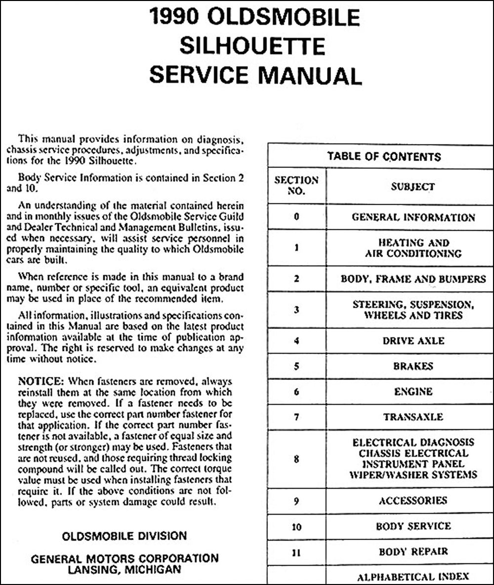 1990 Oldsmobile Silhouette Van Repair Manual Original. click on thumbnail to zoom