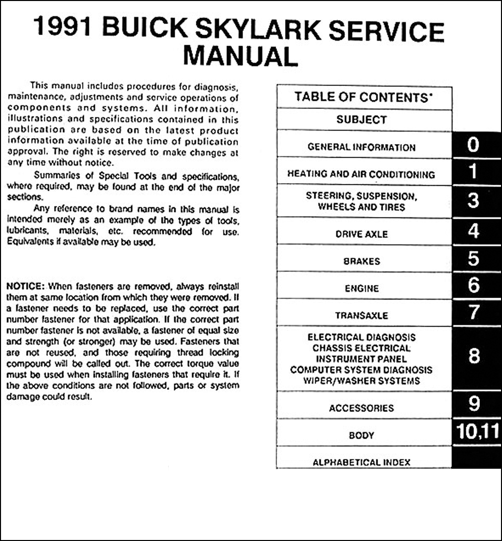 1991 Buick Skylark Shop Manual Original. click on thumbnail to zoom