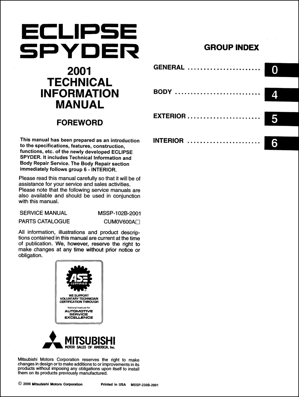 2001-2005 Mitsubishi Eclipse Spyder Body Repair Shop Manual Original