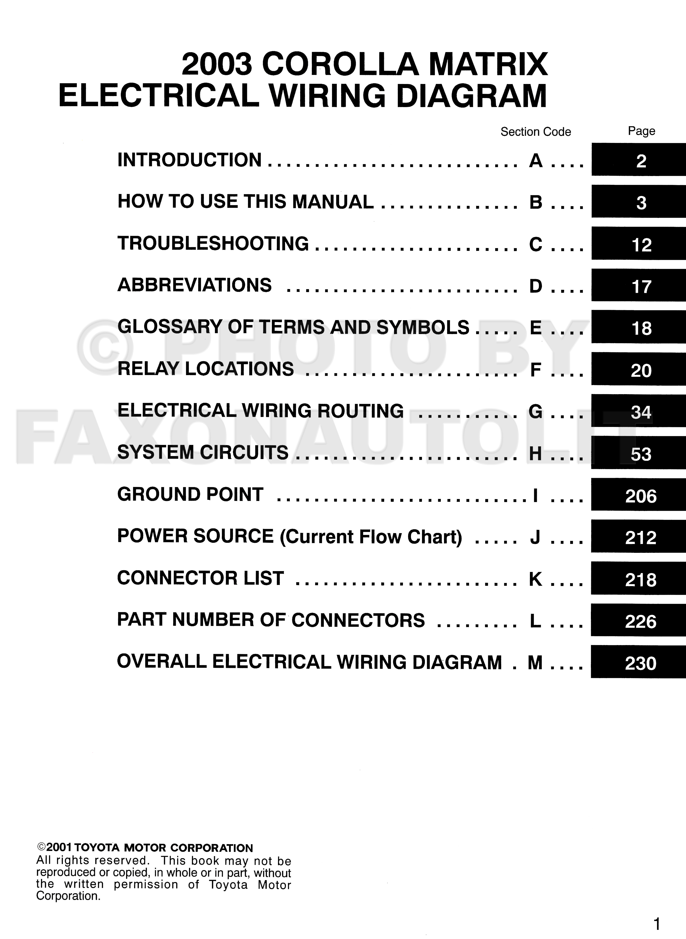 2003 Toyota Corolla Matrix Wiring Diagram Manual Original